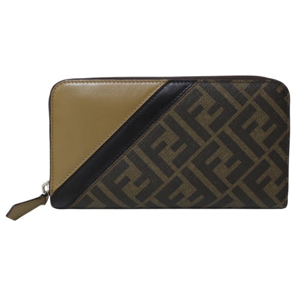 Fendi Wallet Zip Beige Leather Black Long Diagonal Zucca - Picture 1 of 9